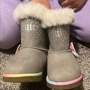 Juicy Couture Gray Boots with Fur Trim and Sparkling Embellishments